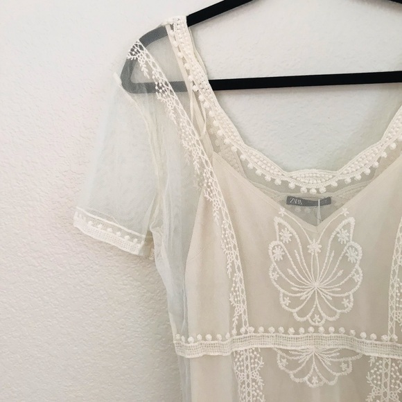 Zara Embroidered Long Sheer Dress in Ivory Sz Large. - Picture 4 of 6